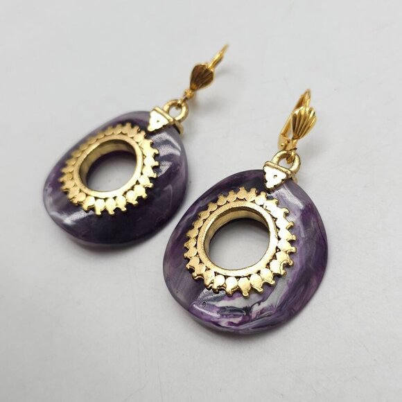 Purple Gold Dangling Earrings With Sunburst Design and Swirled Resin Accents - Picture 2 of 4